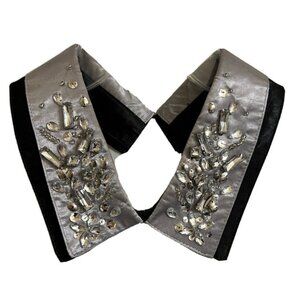 Rhinestone Beaded Sequin Jeweled Dress Sweater COLLAR Black Silver Double Layer